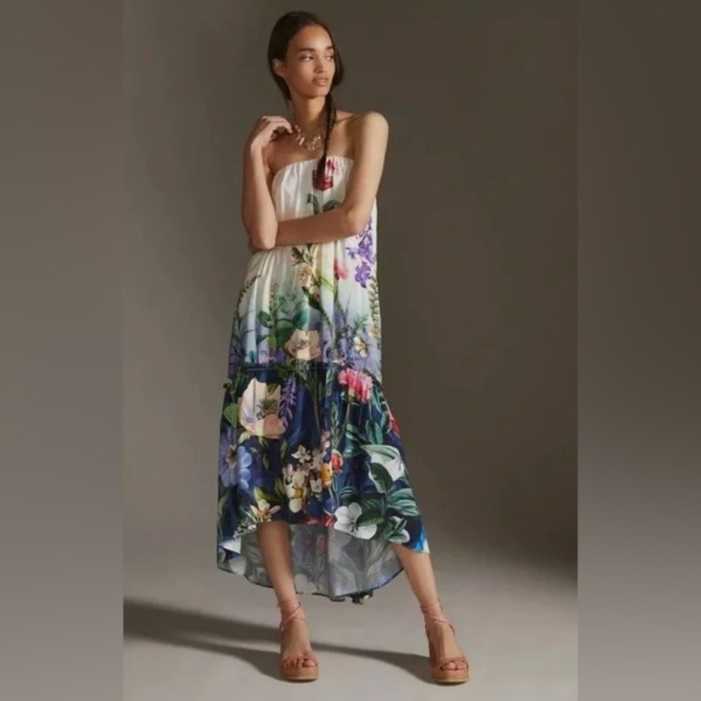 Anthropologie Botanical Print Midi Dress Strapless, Sz XS